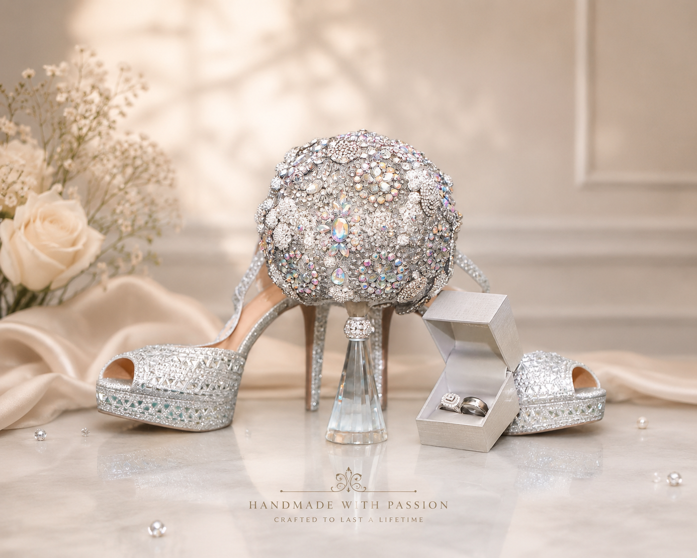 Crystal bridal bouquet with jeweled heels and wedding rings