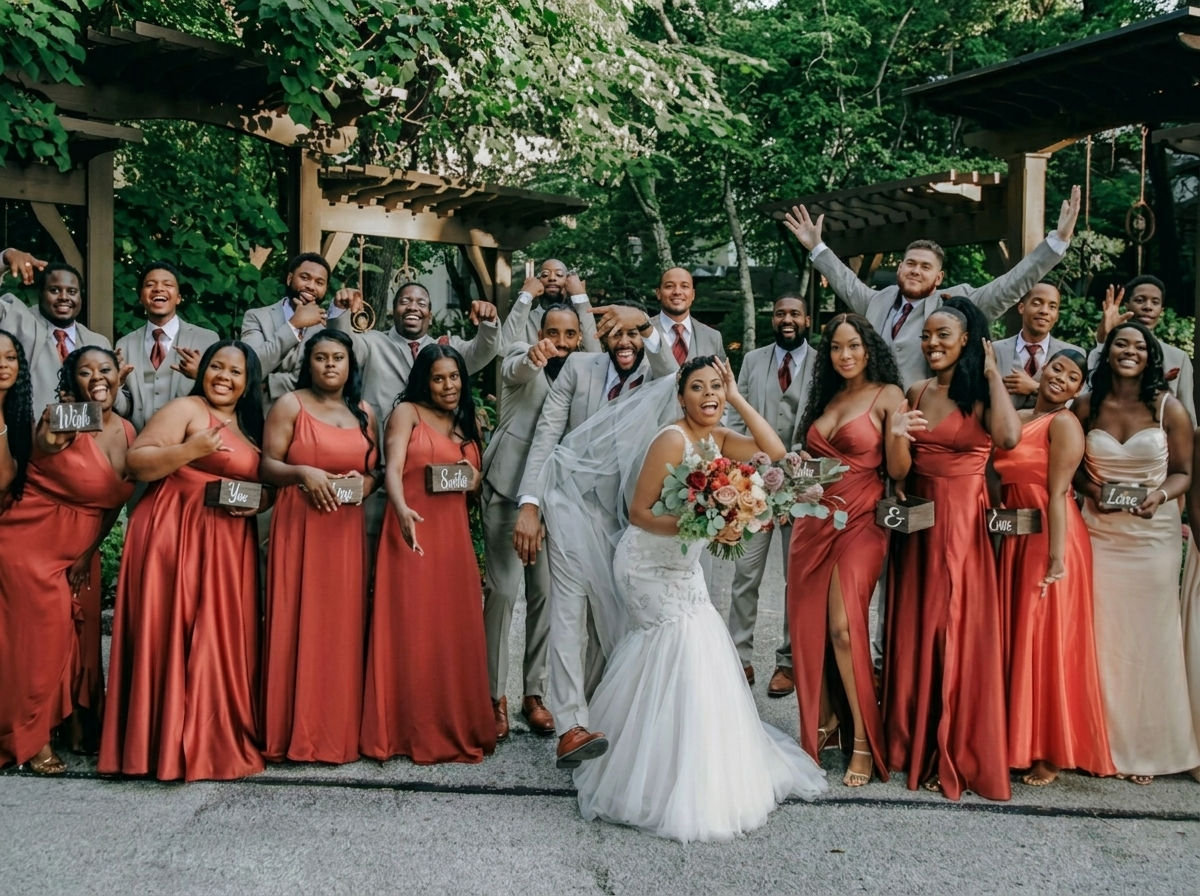 Joyful Black bridal party celebrating with the bride and groom