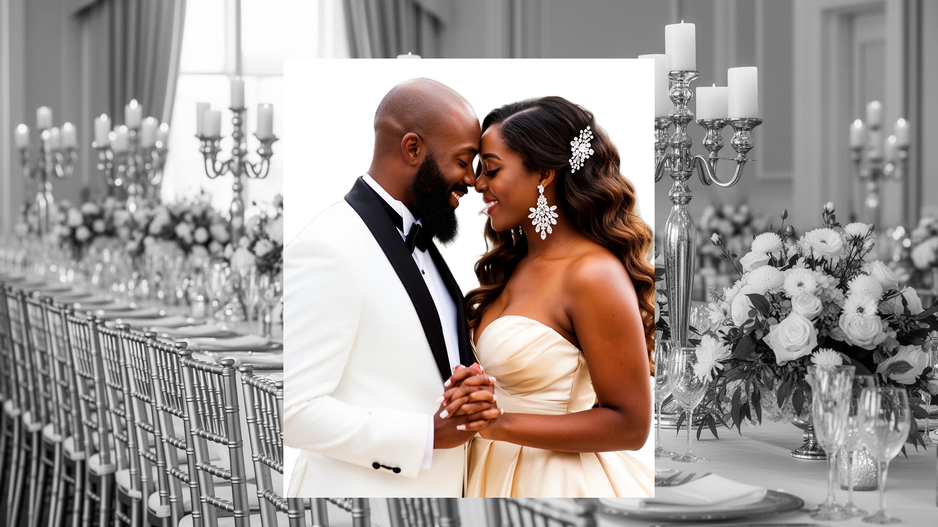 Just-married Black couple laughing in front of a floral backdrop featuring their portrait