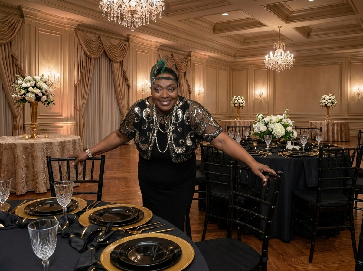Tanya Johnson, Founder of GEM, in a Gatsby-inspired ballroom with chandeliers and a black-and-gold tablescape