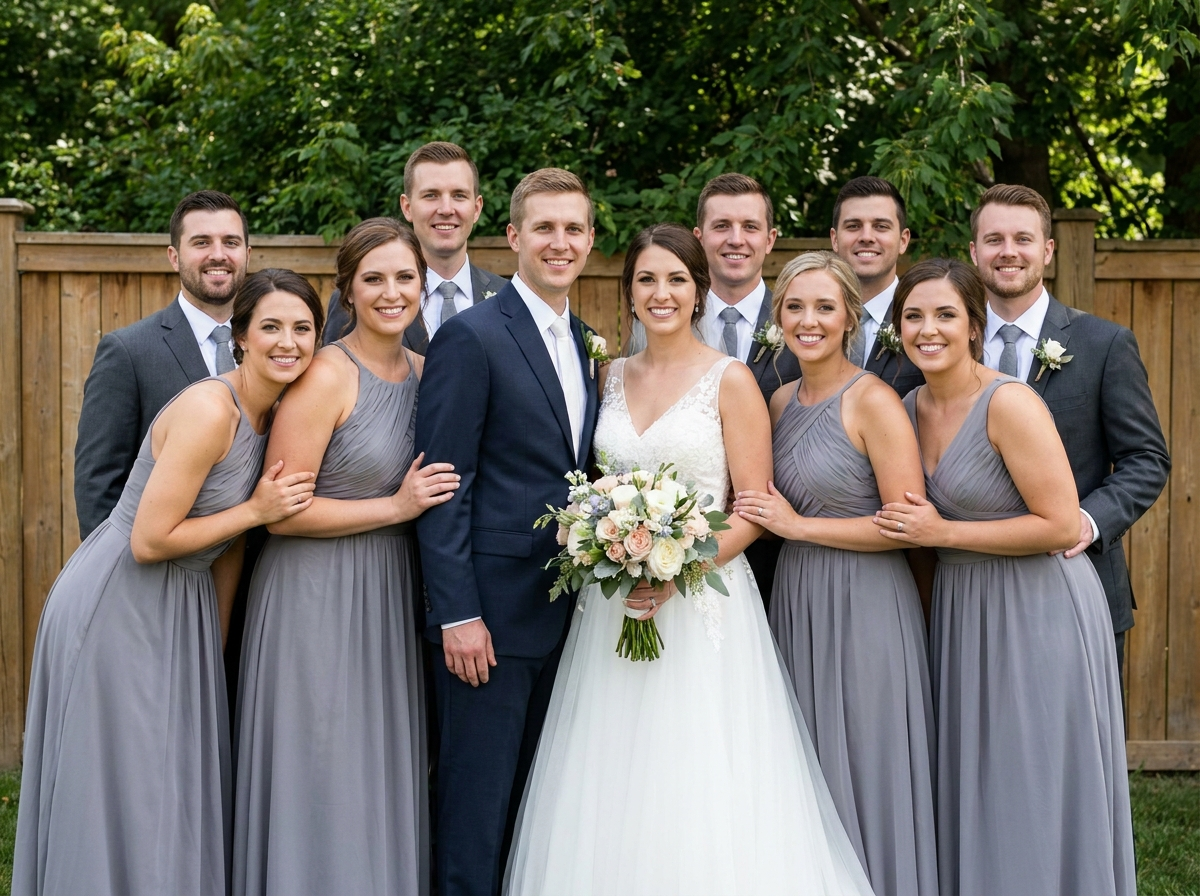 Wedding party portrait with bride, groom, bridesmaids and groomsmen