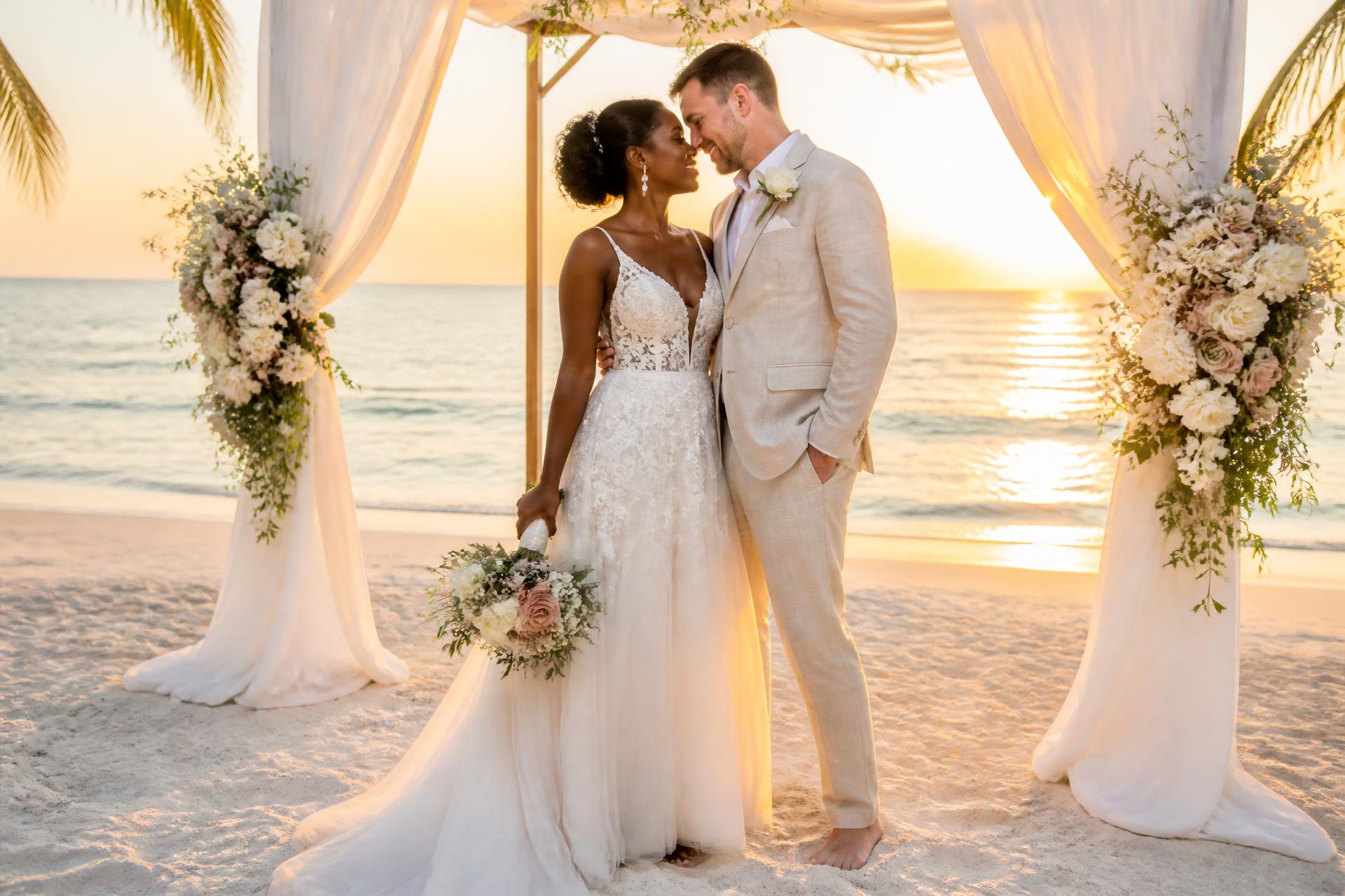 Biracial couple at a beach wedding ceremony at sunset
