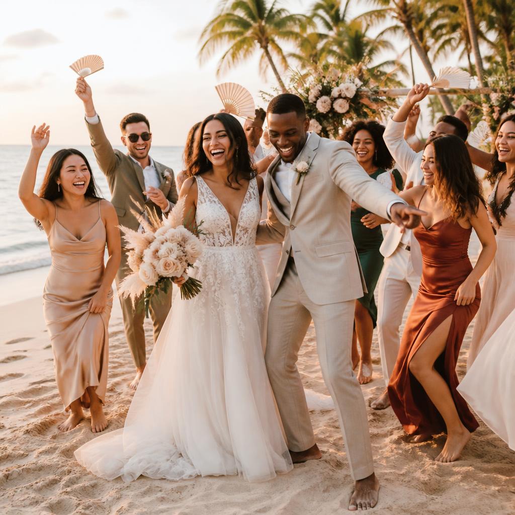 Diverse multicultural wedding party celebrating barefoot on a beach at golden hour