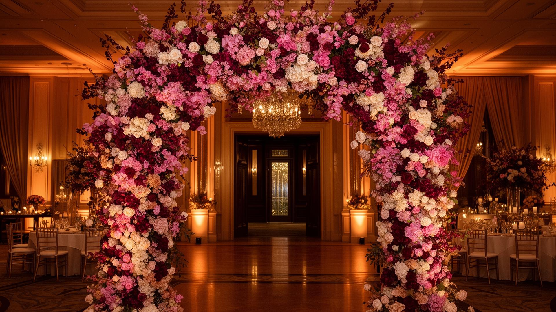 Dramatic luxury floral arch inside a candlelit ballroom