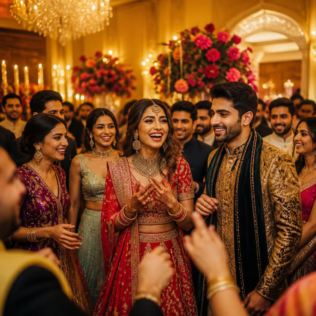 Joyful Indian wedding reception with happy guests in vibrant lehengas and sherwanis