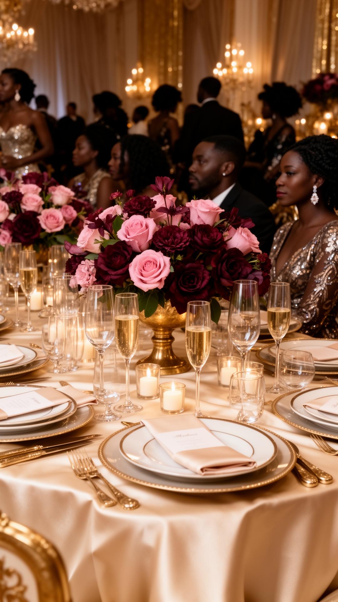 Luxury tablescape with champagne glassware and Black guests at dinner