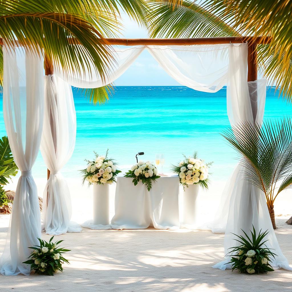 Tropical beachfront wedding altar with white drapery and palm fronds