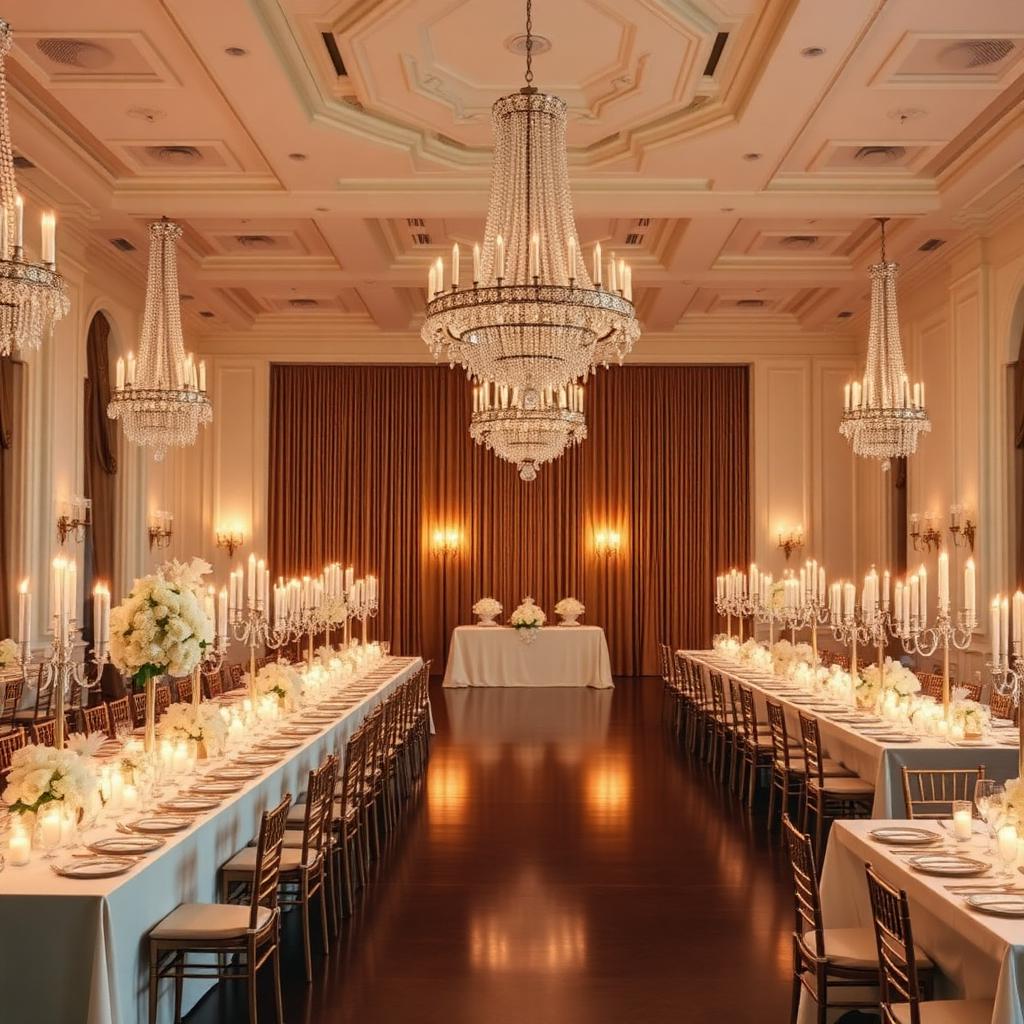Luxury ballroom set with crystal chandeliers and candlelit tables