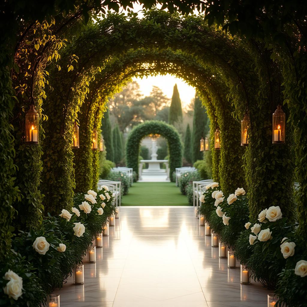 Garden estate ceremony archway covered in greenery and white roses