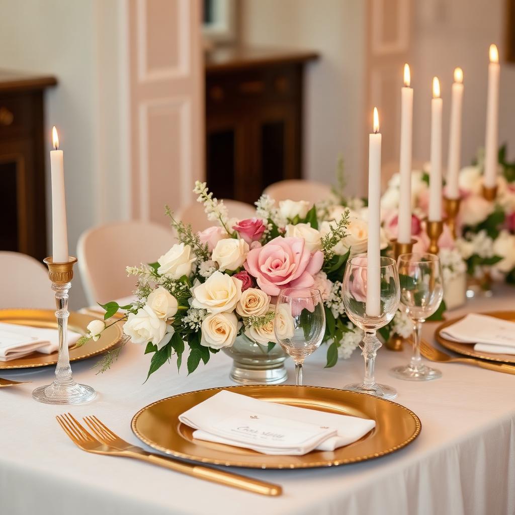 Elegant tablescape with blush florals, gold chargers, and crystal glassware