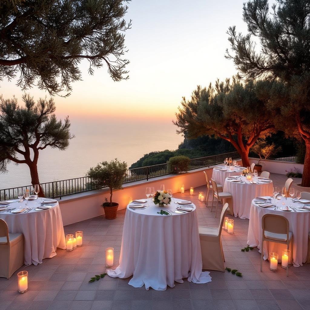 Mediterranean cliffside terrace set for a destination wedding at golden hour