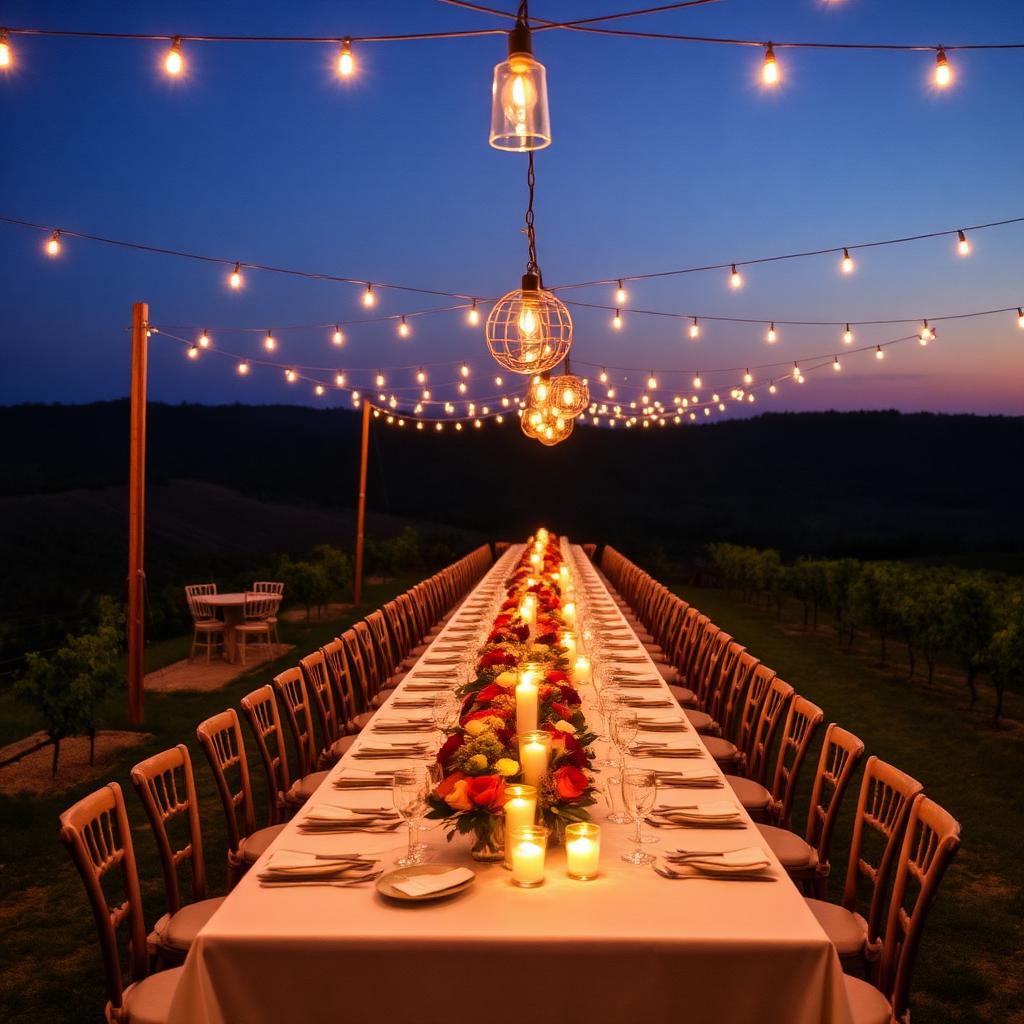 Vineyard reception with bistro string lights over a long banquet table at dusk